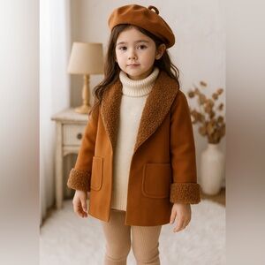 Shein Kids Girls Coat & Beret Set Girls Brown Sherpa Trim Fall Winter Outfit 7Y